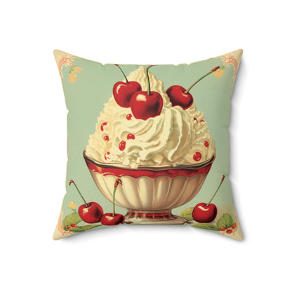 Retro Ice Cream Sundae Parlor Scoop Diner Dessert Art -Spun Polyester Square Pillow