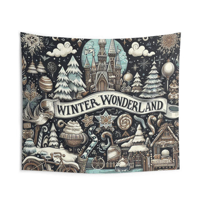 Winter Wonderland Enchantment: Nostalgic Christmas Snowscape with Majestic Castle and Festive - Indoor Wall Tapestries