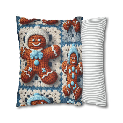 Winter Cheer: Charming Crocheted Gingerbread Christmas Friends Adorned with Snowy Hats and Sweet Smiles - Spun Polyester Square Pillow Case