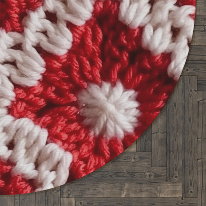 Warm Winter Red & White Crochet Knit: Cinematic Chic Texture Design - Round Rug