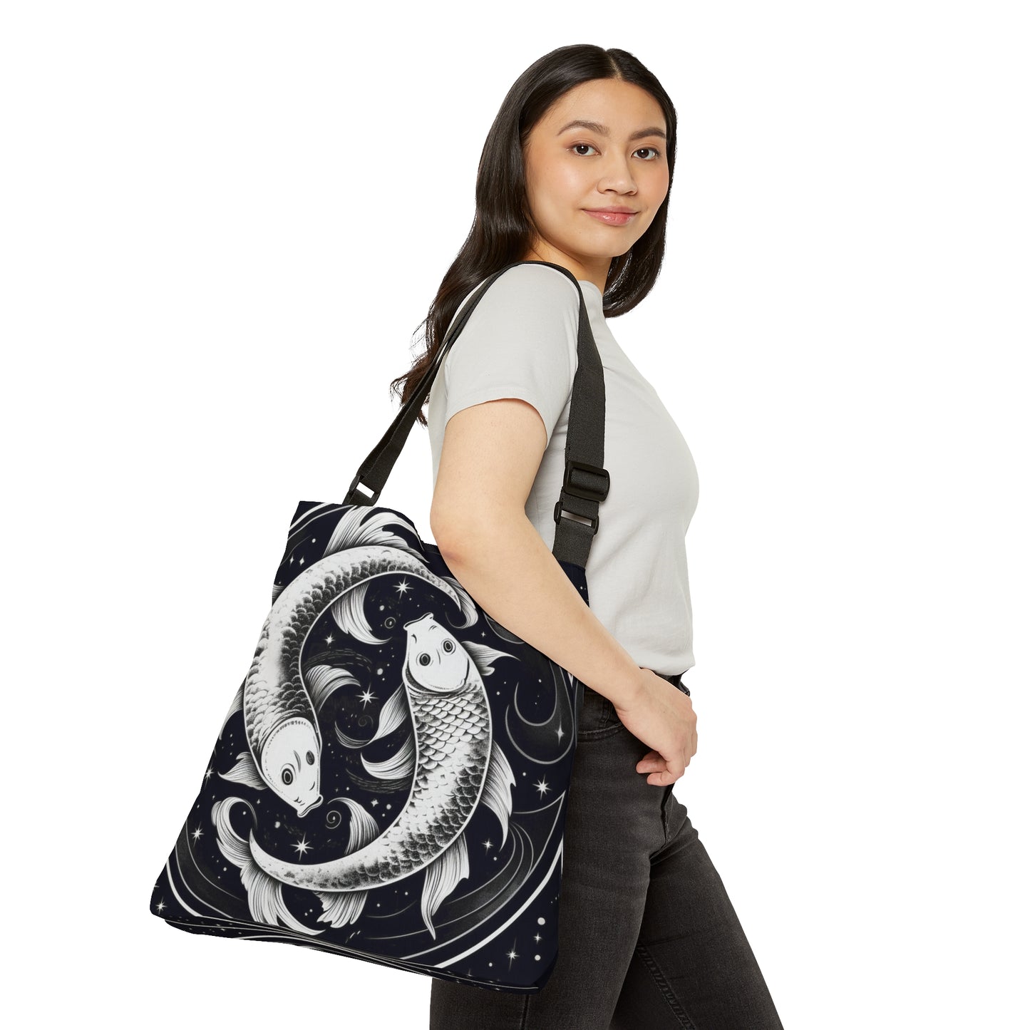 Bolso de mano del zodiaco Piscis, diseño de pez blanco y negro, 100% poliéster hilado, correa ajustable