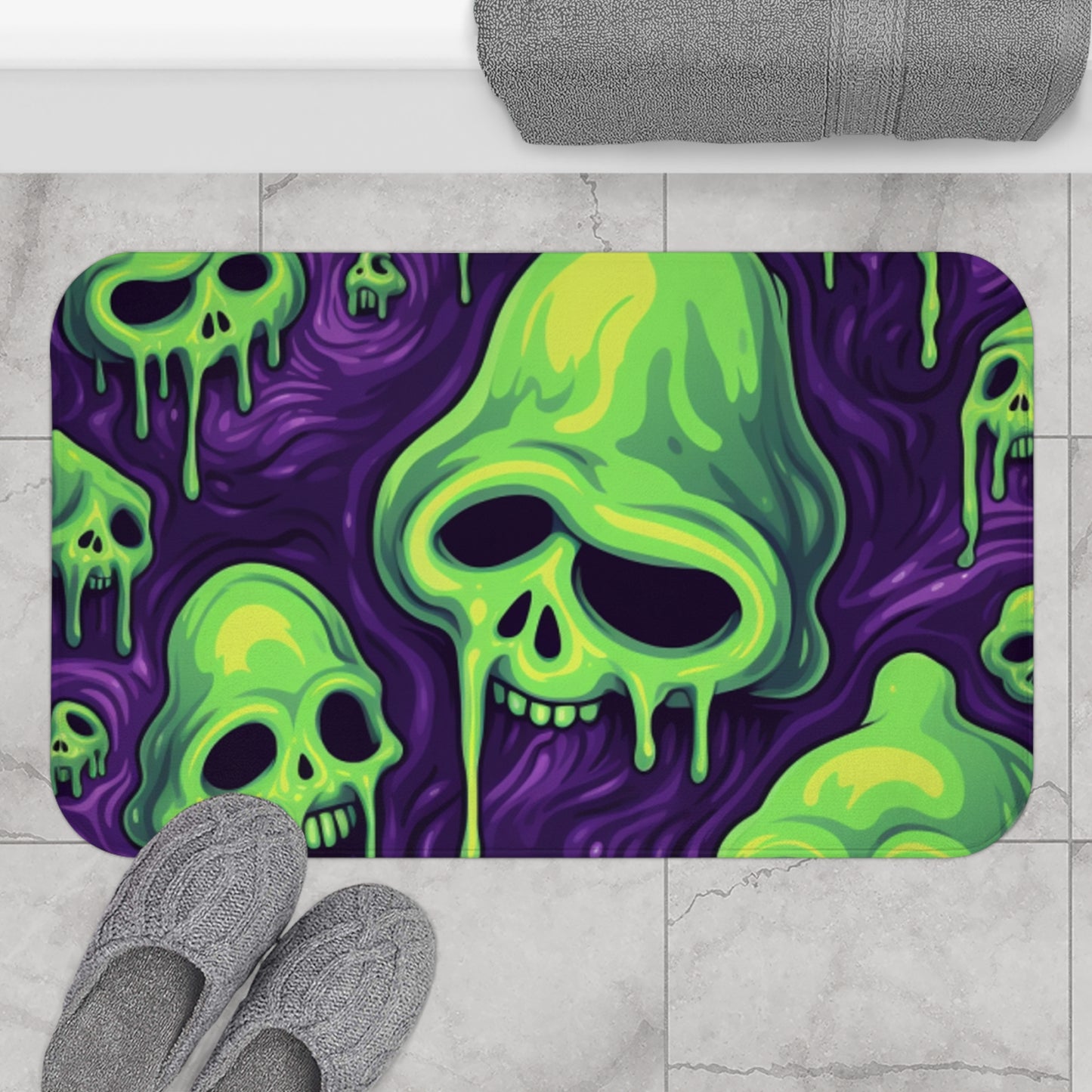 Patrón de terror aterrador de esqueletos verdes de calavera de limo de Halloween - Alfombra de baño