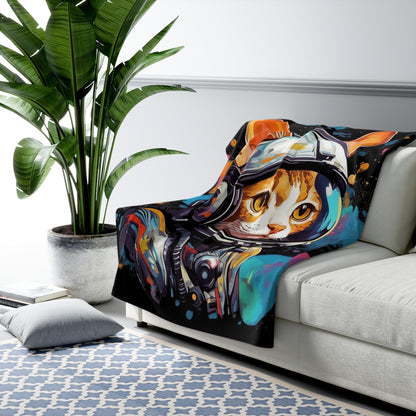 Astro Cat Adventure Feline - Pop Art, Floating in Cosmic Space - Sherpa Fleece Blanket