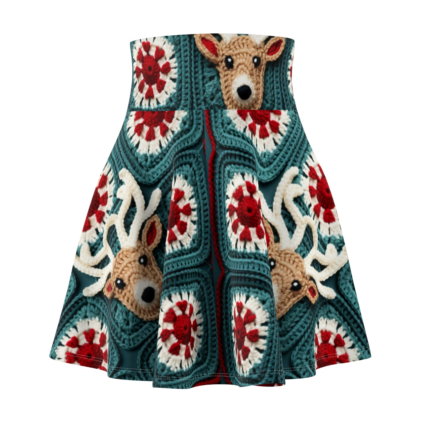 Christmas Reindeer Crochet, Wintry Wonderland Design, Festive Stag Motif. Embrace the Holiday Spirit - Women's Skater Skirt (AOP)