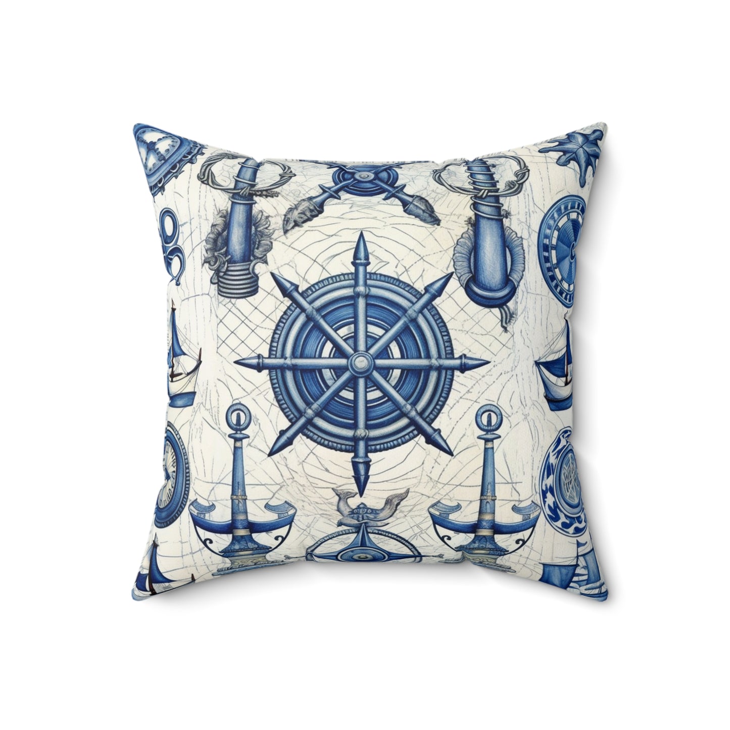 Nautical Theme Art - Anchors, Ropes, Compass Spun Polyester Square Pillow