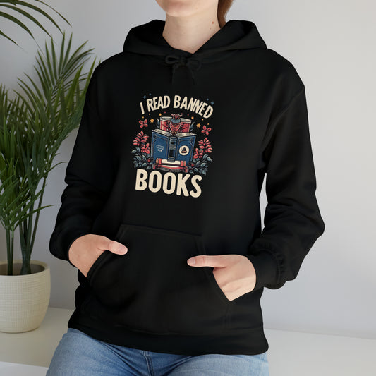 Owl Scholar Reading Among Stars and Florals - I Read Banned Books Themed IllustrationUnisex Heavy Blend™ Hooded Sweatshirt