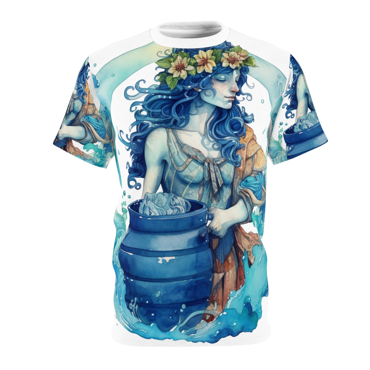 Zodíaco artístico de Acuario - Representación del portador de agua en acuarela - Camiseta unisex de corte y costura (AOP) 