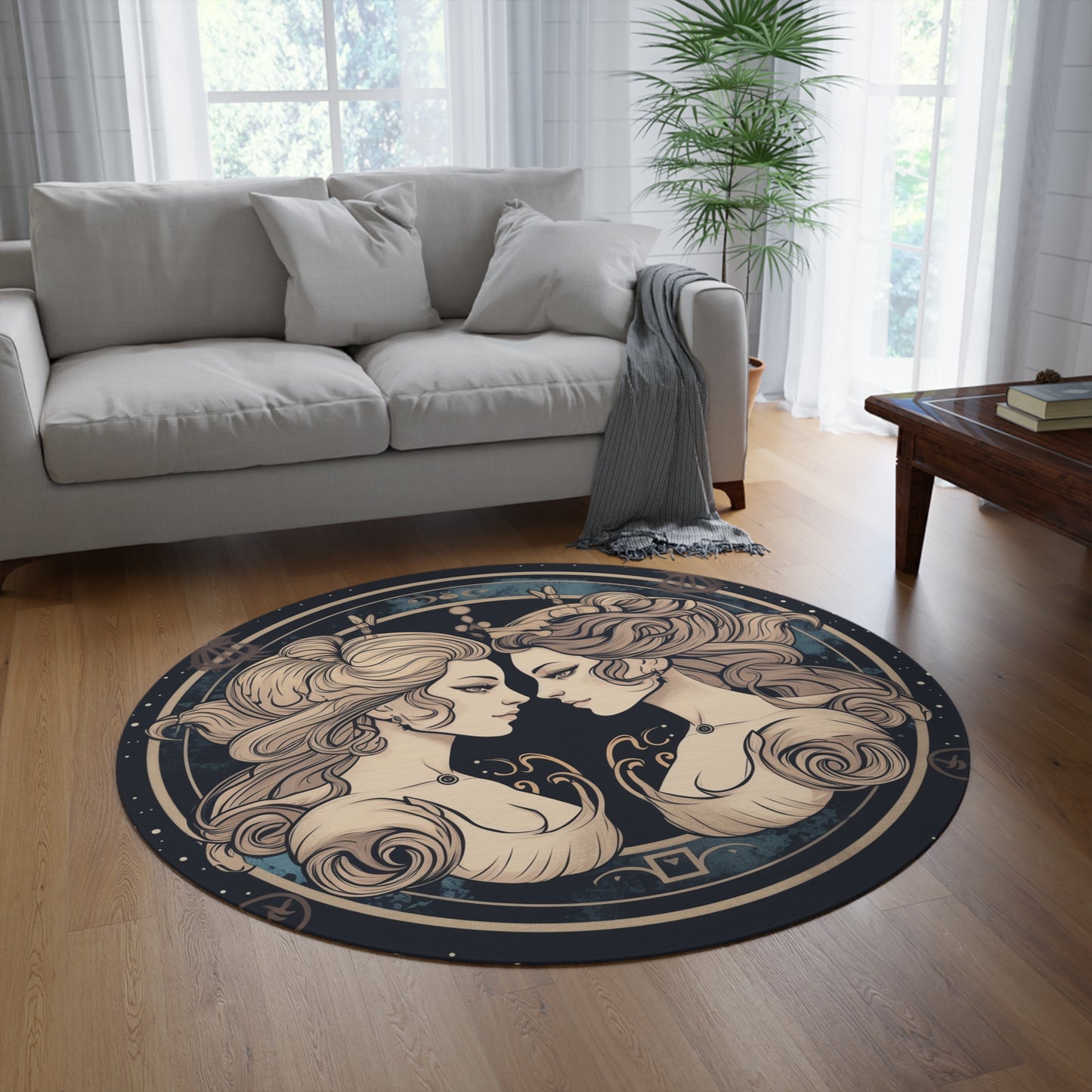 Duality of Gemini - Expressive Twins Zodiac Astrology - Round Rug