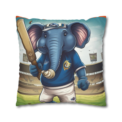 India Elephant Cricket Sport Star: Pitch, Run, Stump Game - Animated Charm - Spun Polyester Square Pillow Case