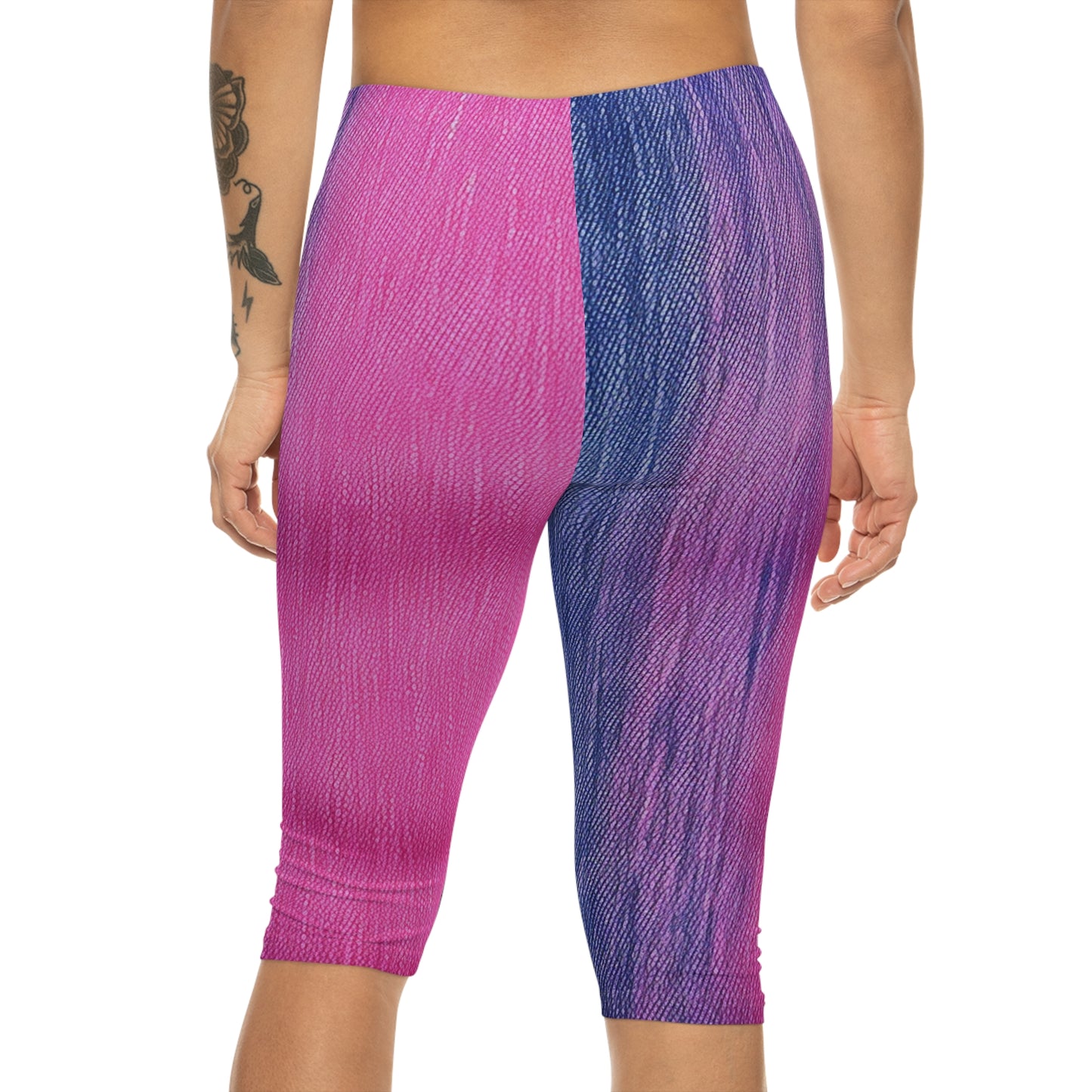 Dual Delight: Half-and-Half Pink & Blue Denim Daydream - Women’s Capri Leggings (AOP)