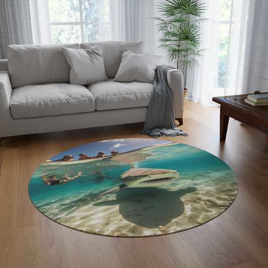 Peaceful Bull Shark with Swimmers: Ocean Scene - Perfect for Sea Lovers - Round Rug