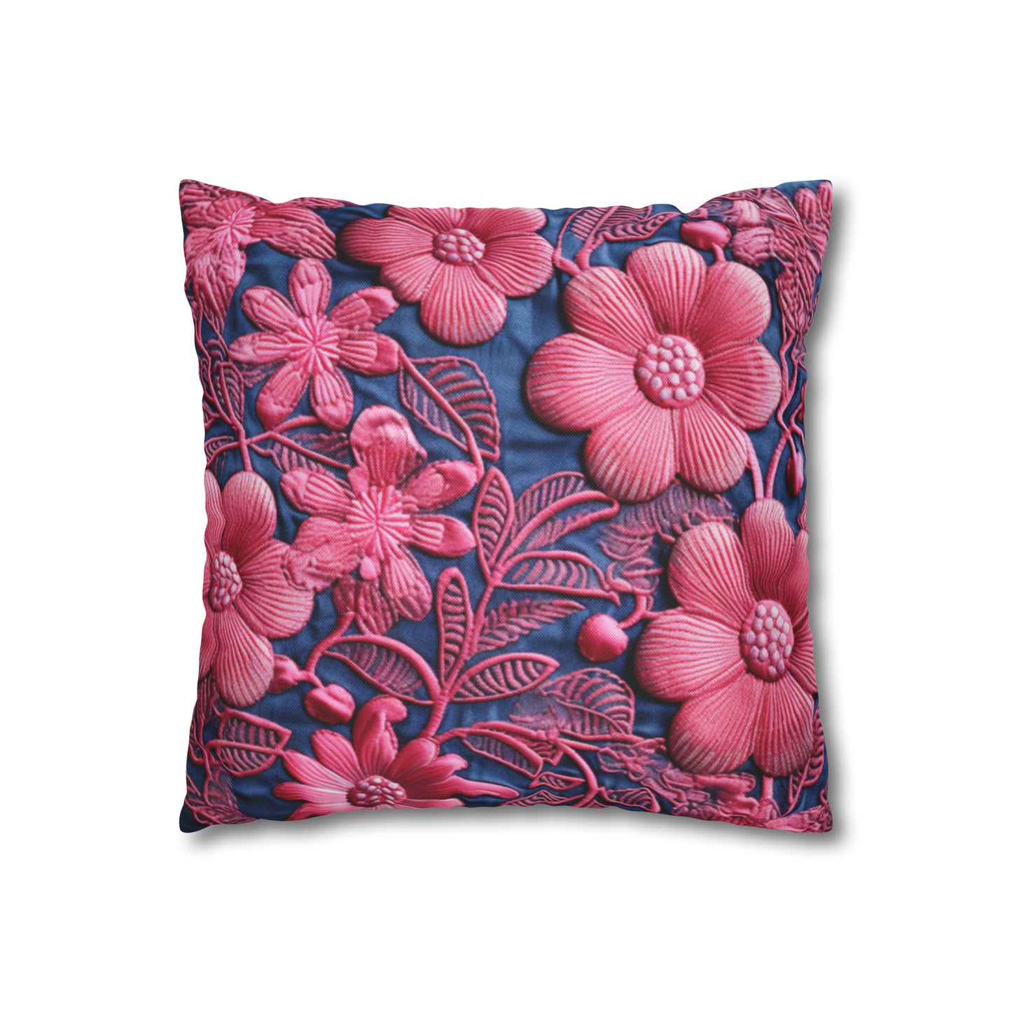 Denim Blue Doll Pink Floral Embroidery Style Fabric Flowers - Spun Polyester Square Pillow Case