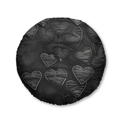 Black: Distressed Denim-Inspired Fabric Heart Embroidery Design - Tufted Floor Pillow, Round