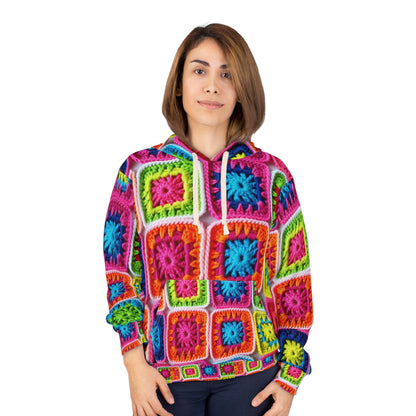 Crochet Granny Square, Summer Cotton, Patchwork, Retro Floral Design, Crochet Cotton - Unisex Pullover Hoodie (AOP)