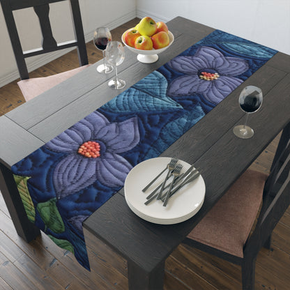 Floral Embroidery Blue: Denim-Inspired, Artisan-Crafted Flower Design - Table Runner (Cotton, Poly)