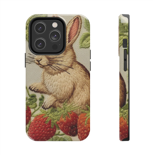 Strawberry Bunny Rabit - Embroidery Style - Strawberries Fruit Munchies - Easter Gift - Tough Phone Cases