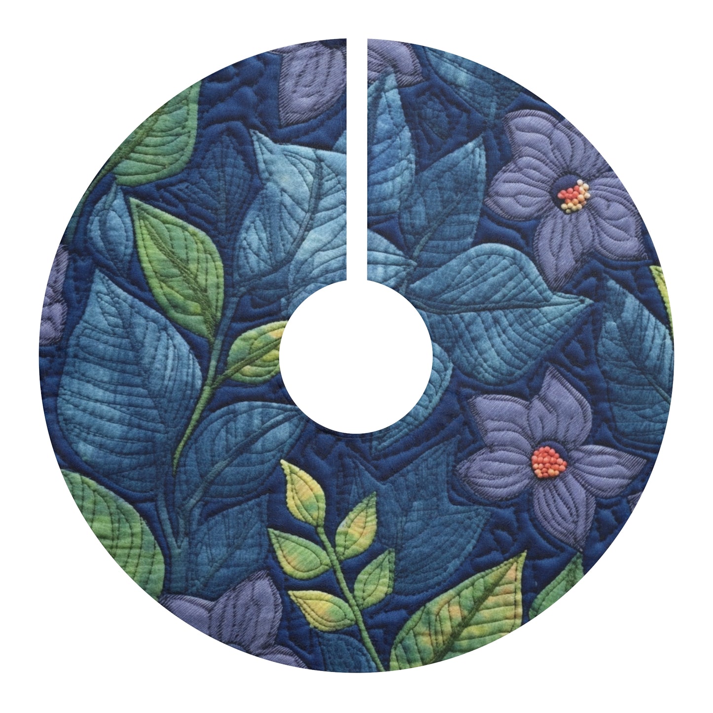 Floral Embroidery Blue: Denim-Inspired, Artisan-Crafted Flower Design - Christmas Tree Skirts