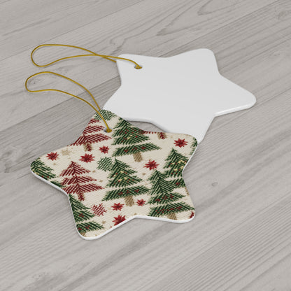 Embroidered Christmas Winter, Festive Holiday Stitching, Classic Seasonal Design - Ceramic Ornament, 4 Shapes