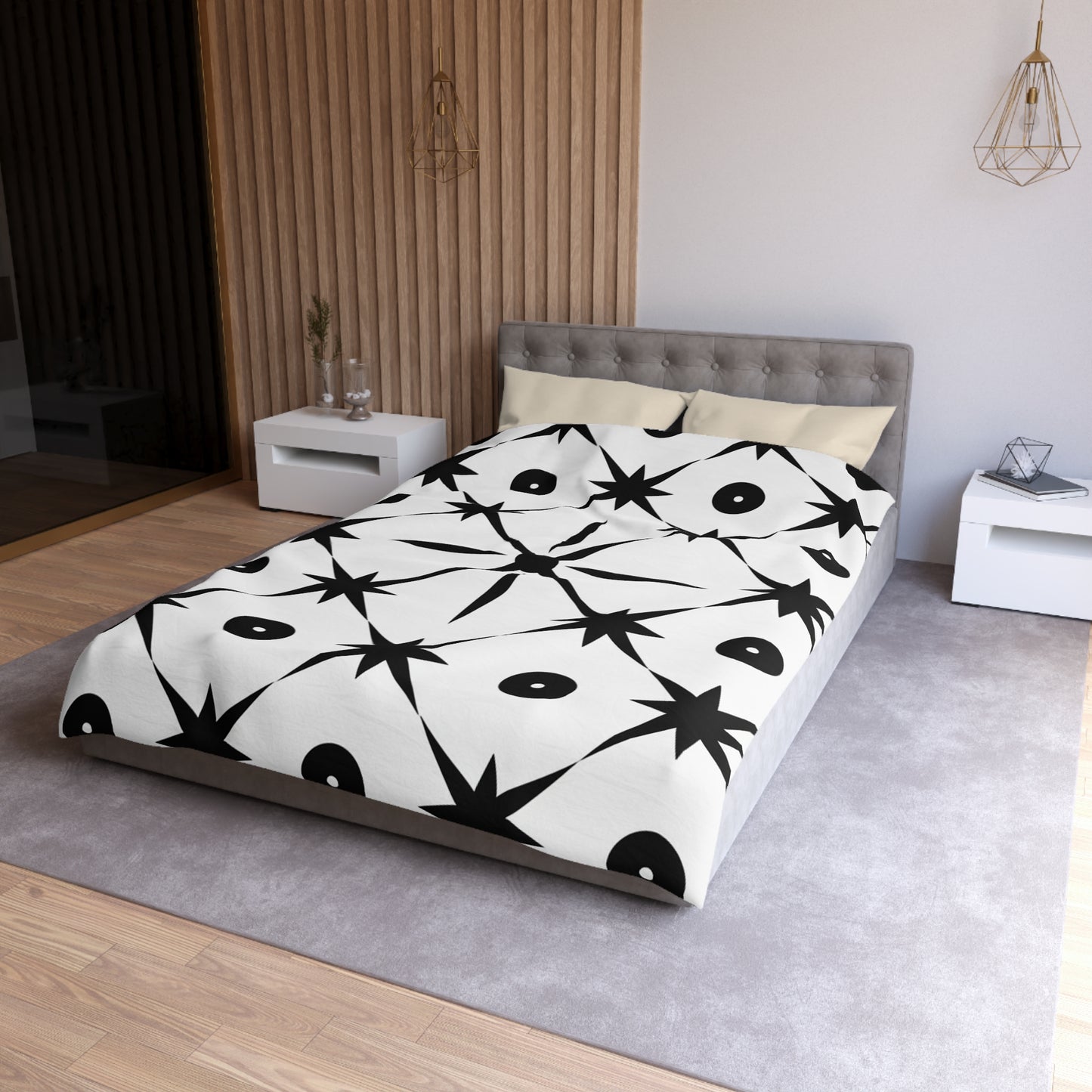 Mid Century Modern Asterisk Design - White & Black Atomic Starburst - Microfiber Duvet Cover