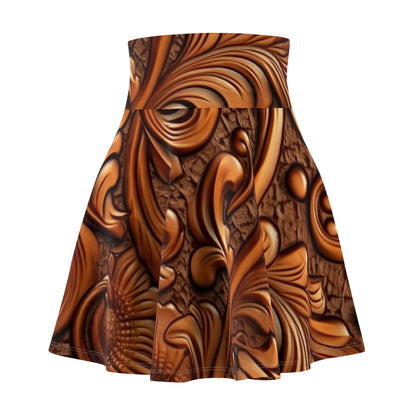 Leather Flower Cognac Classic Brown Timeless American Cowboy Design - Women's Skater Skirt (AOP)