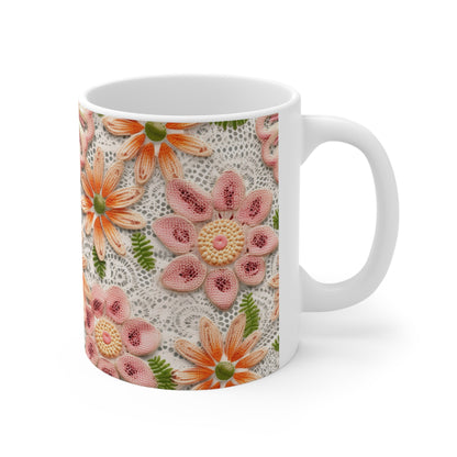 Floral Embroidered Eyelet: Delicate Flower Elegant Pattern - Ceramic Mug 11oz