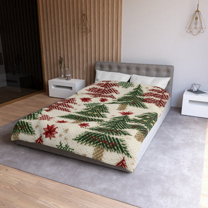 Embroidered Christmas Winter, Festive Holiday Stitching, Classic Seasonal Design - Microfiber Duvet Cover