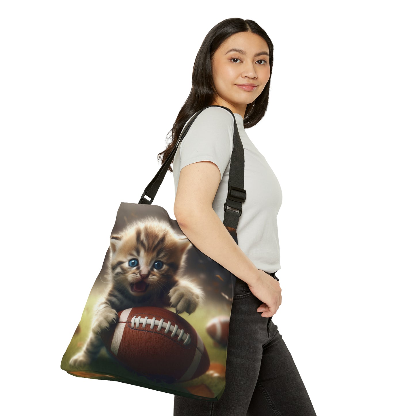 Football Kitten Touchdown: Tabby's Winning Play Sport Game - Adjustable Tote Bag (AOP)