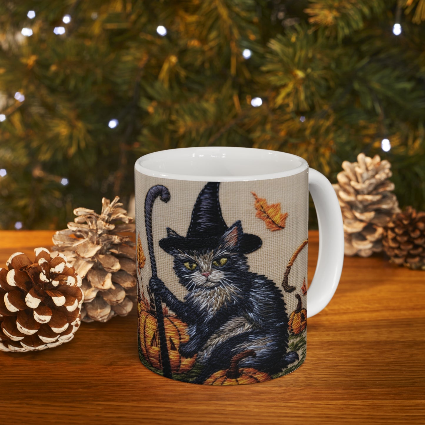 Halloween Cat Magic: Embroidered Style Feline with Pumpkins & Witch Hat - Ceramic Mug 11oz