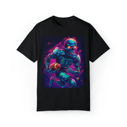 Spooky Football Game: Fantasy Skeleton Athlete Running with Ball, Sporty Halloween - Unisex Garment-Dyed T-shirt