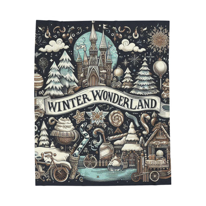 Winter Wonderland Enchantment: Nostalgic Christmas Snowscape with Majestic Castle and Festive - Velveteen Plush Blanket