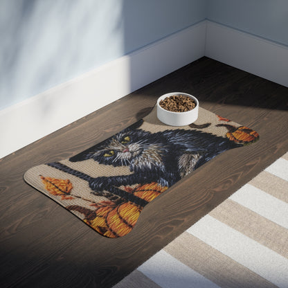 Halloween Cat Magic: Embroidered Style Feline with Pumpkins & Witch Hat - Pet Feeding Mats