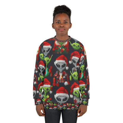 Festive Alien Invasion: Intergalactic Christmas Holiday Cheer with Santa Hats and Seasonal Gifts Crochet Pattern - Unisex Sweatshirt (AOP)