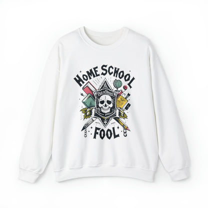 Home School Fool - Academic Skull Crest with Books and Globe, Educational Emblem, Scholarly Gothic - Unisex Heavy Blend™ Crewneck Sweatshirt