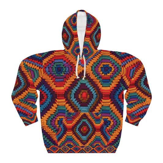 African Heritage Crochet, Vibrant Multicolored Design, Ethnic Craftwork - Unisex Pullover Hoodie (AOP)