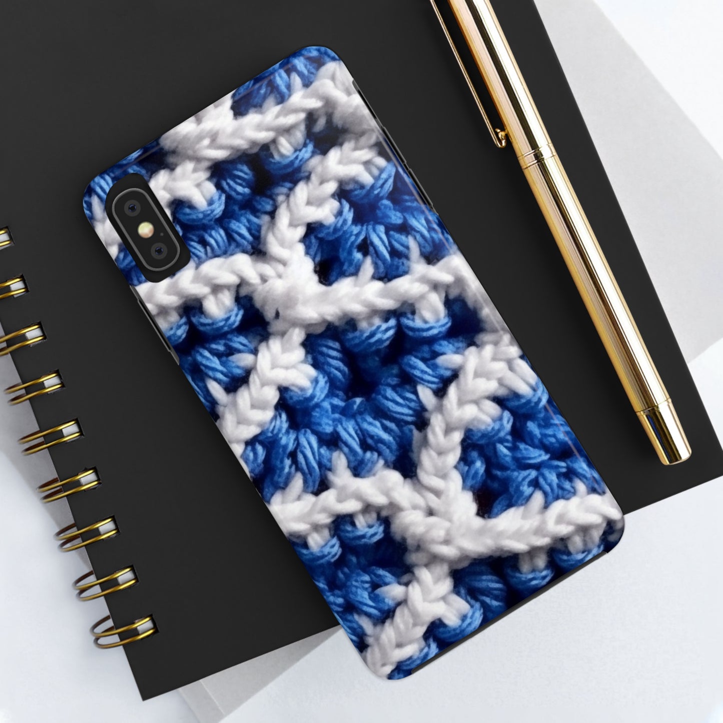 Blueberry Blue Crochet, White Accents, Classic Textured Pattern - Tough Phone Cases