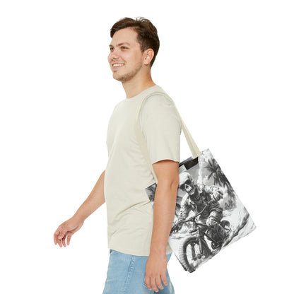 Biker Skeleton Wearing Sunglasses, Riding Sunset Boulevard in California Motorcycle, Tote Bag (AOP)