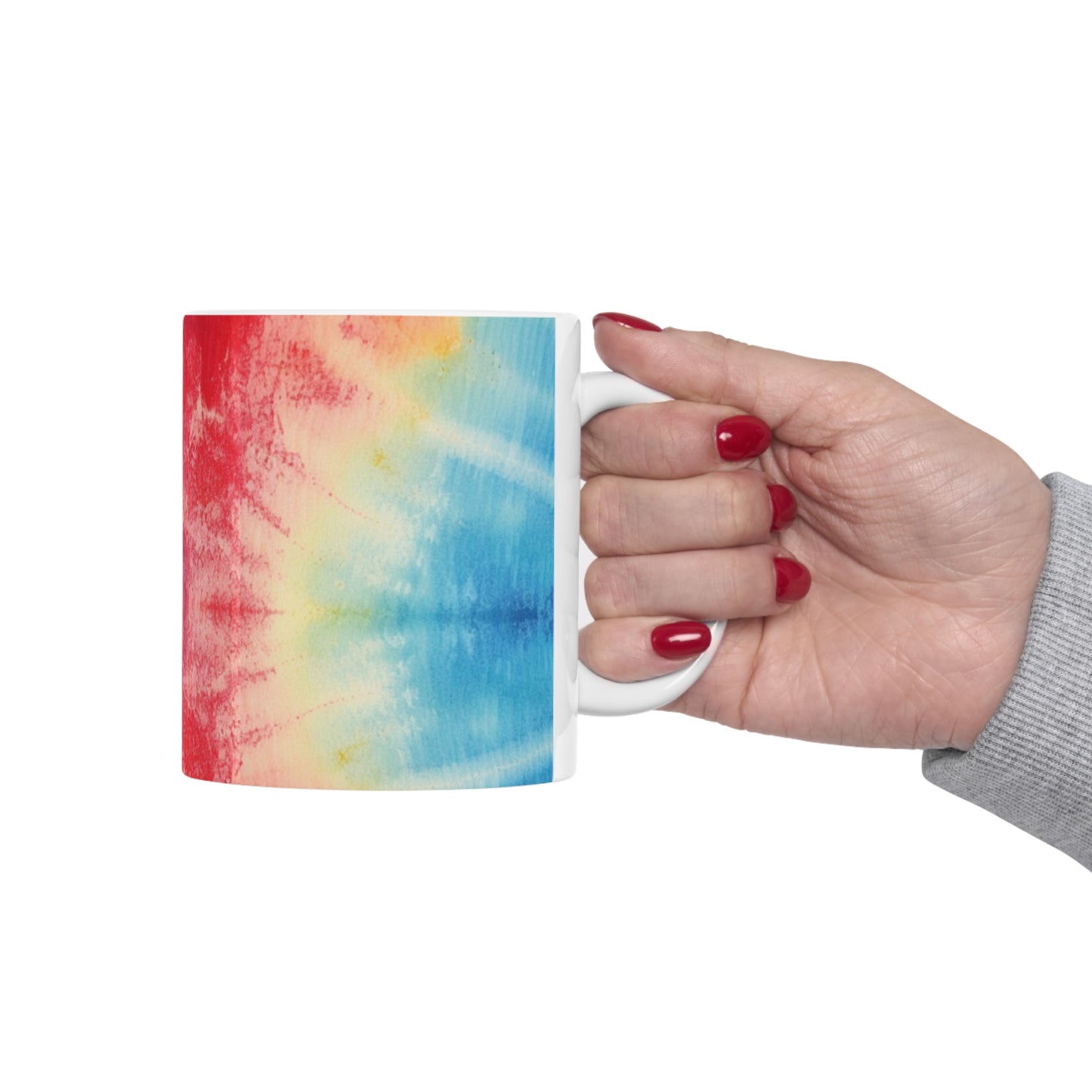 Rainbow Tie-Dye Denim: Espectáculo de diseño de tela multicolor vibrante - Taza de cerámica de 11 oz 