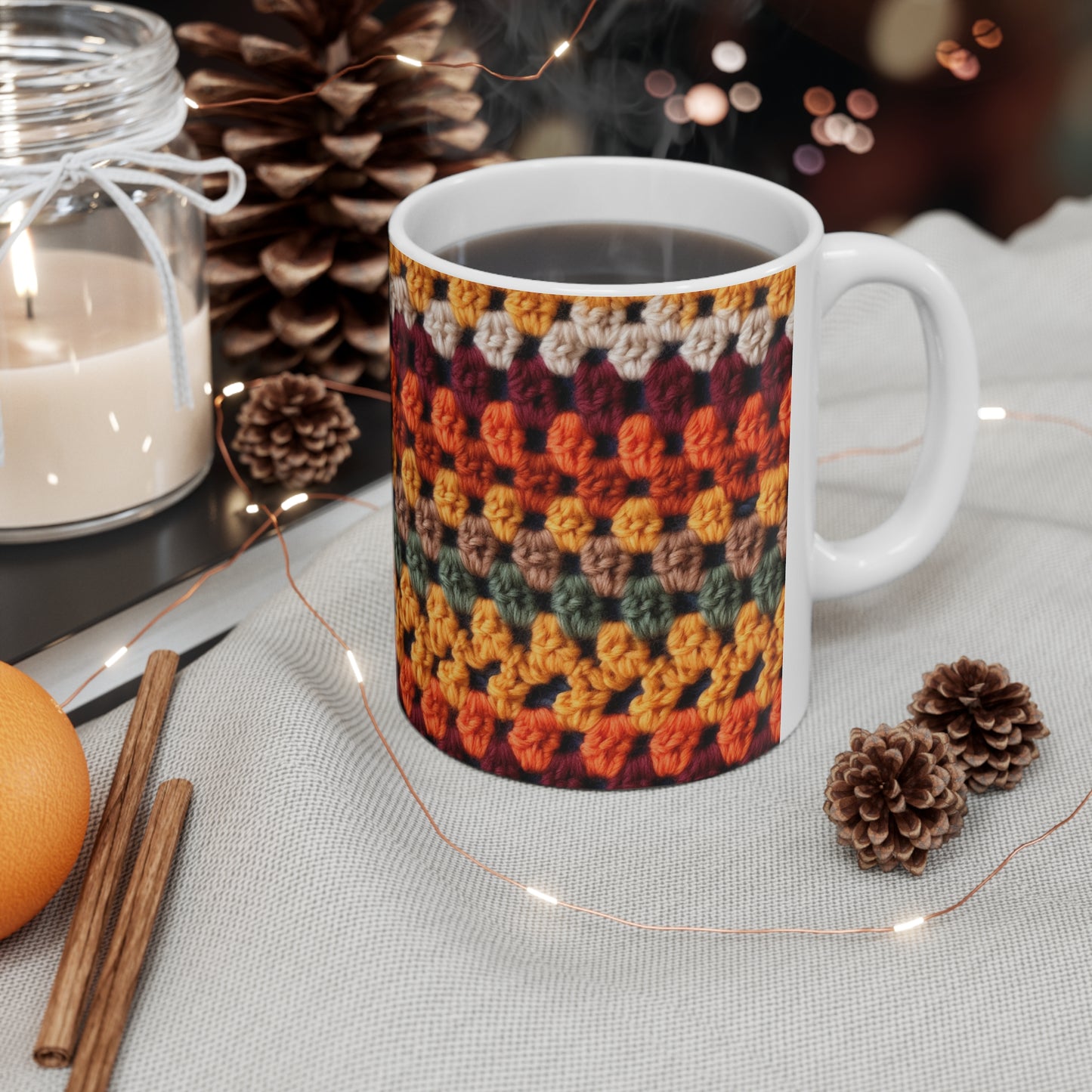 Otoño de Acción de Gracias de crochet: colores de moda clásicos para un look de temporada - Taza de cerámica de 11 oz