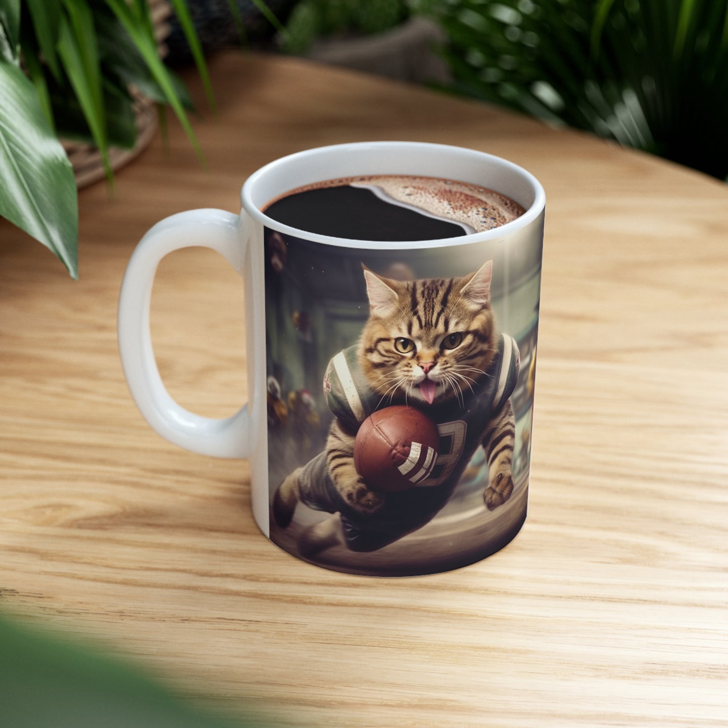 Football Field Felines: Kitty Cats in Sport Tackling Scoring Game Position - Ceramic Mug 11oz