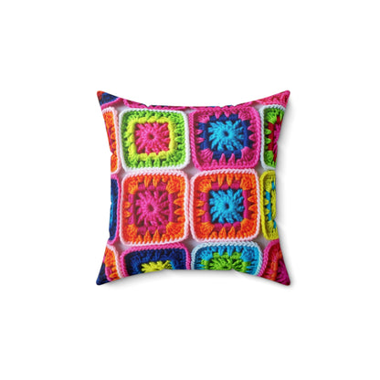 Crochet Granny Square, Summer Cotton, Patchwork, Retro Floral Design, Crochet Cotton - Spun Polyester Square Pillow