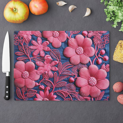 Denim Blue Doll Pink Floral Embroidery Style Fabric Flowers - Cutting Board