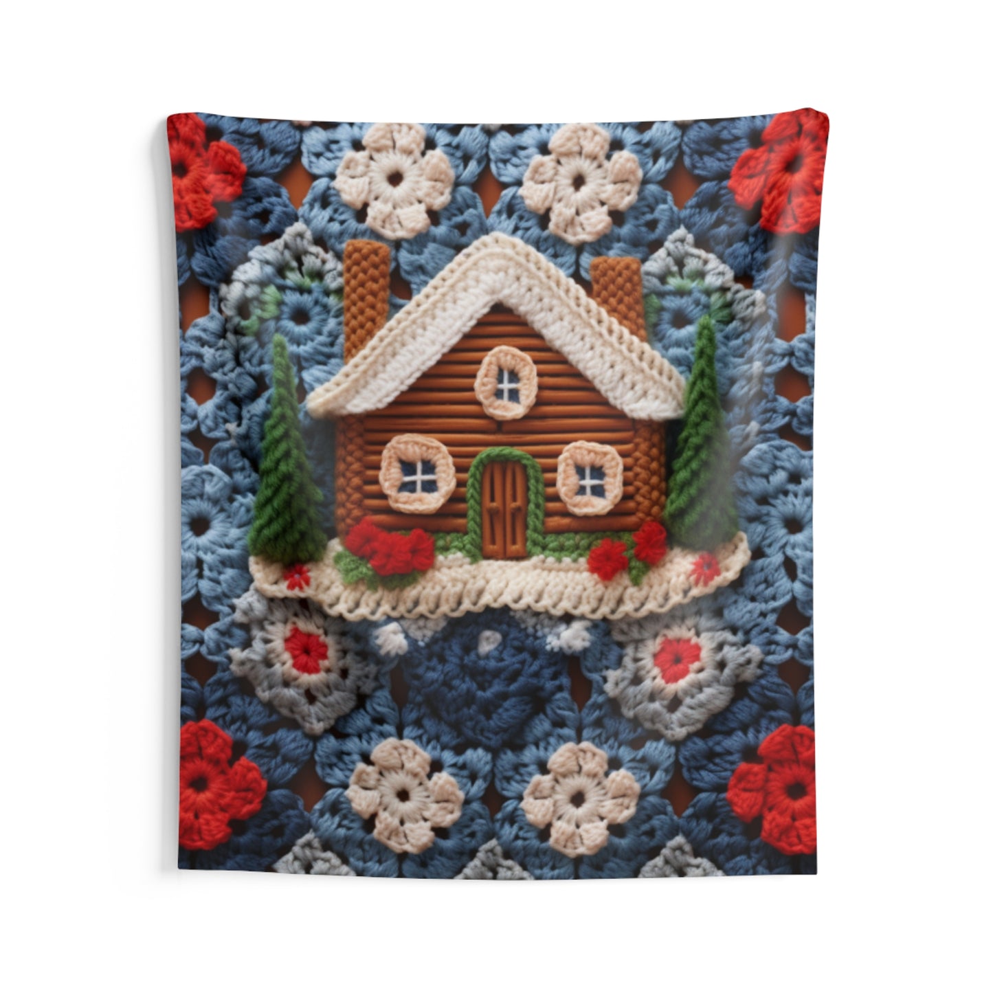 Cottagecore Log Cabin Crochet, Christmas Winter House Design, Rustic Holiday - Indoor Wall Tapestries