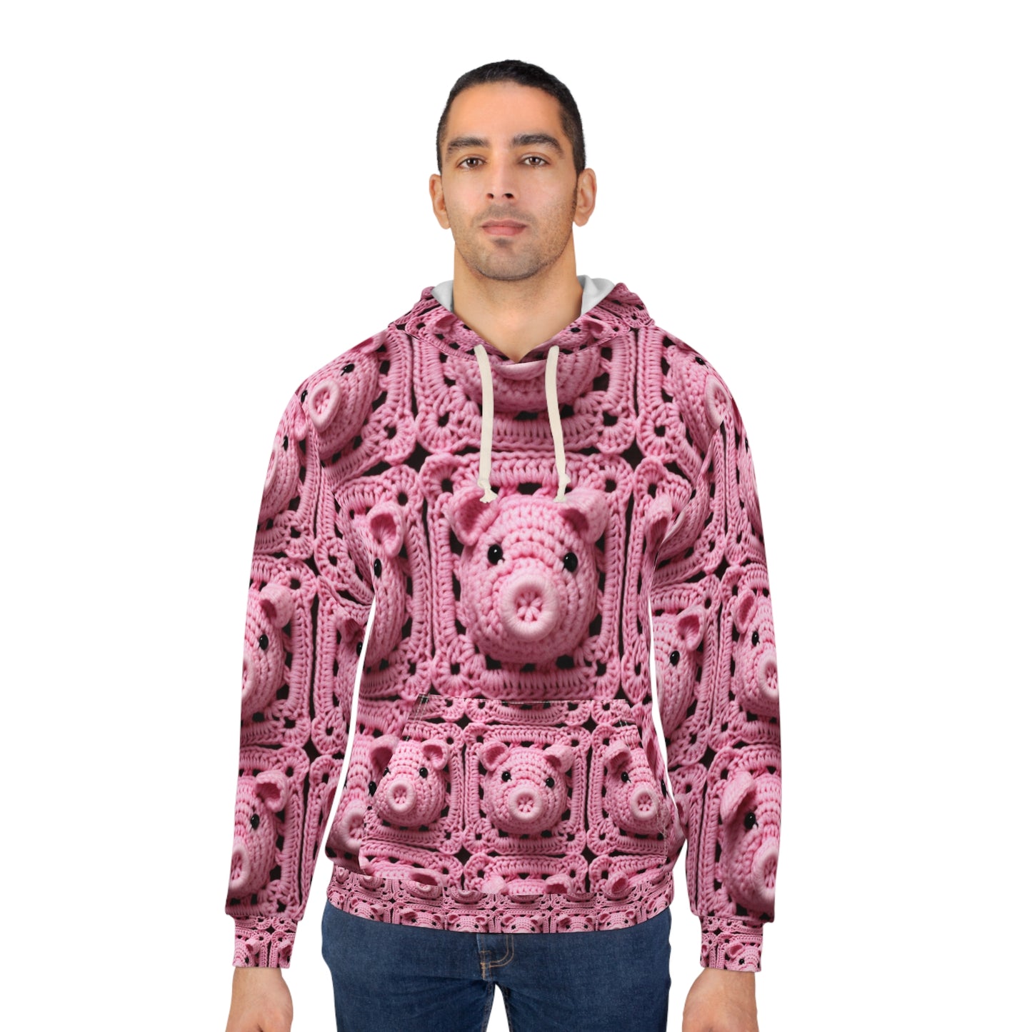 Crochet Pig Farm Animal Pink Snout Piggy Pattern - Unisex Pullover Hoodie (AOP)