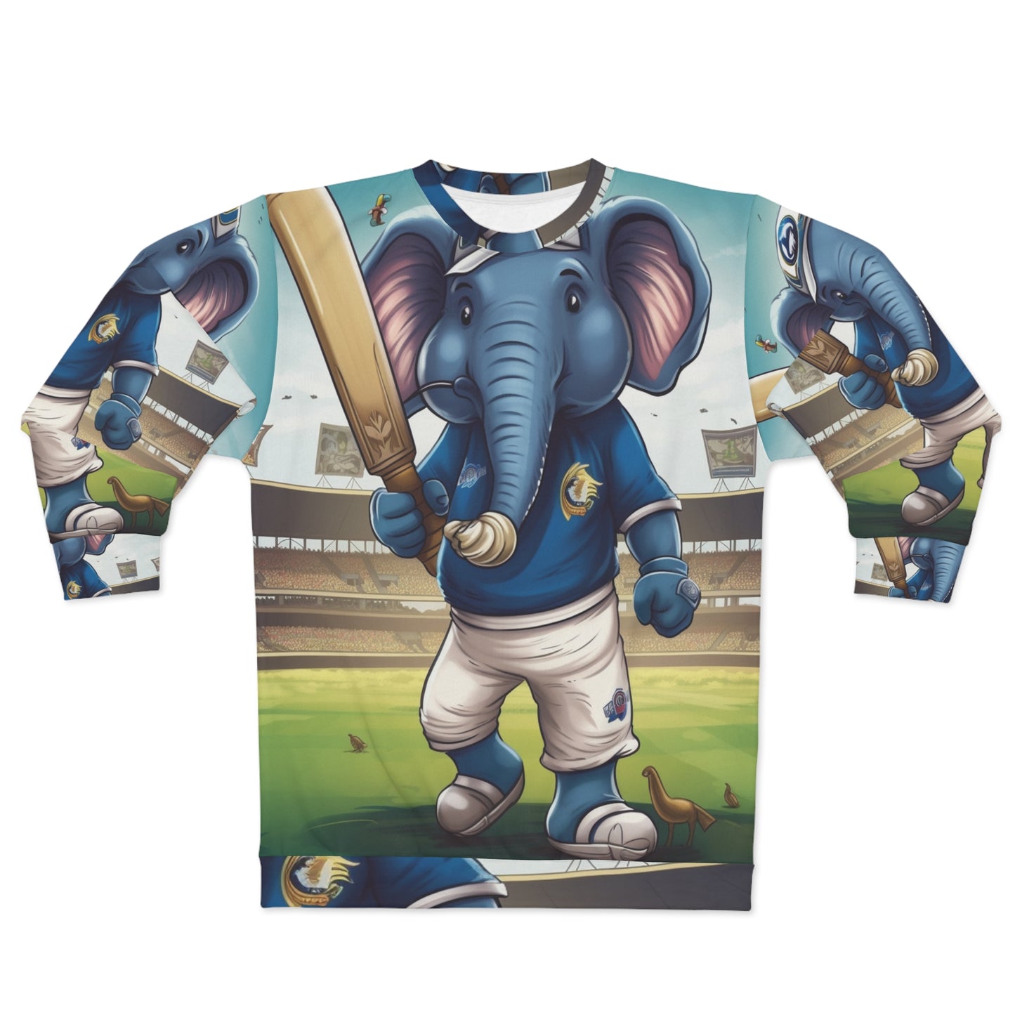 India Elephant Cricket Sport Star: Pitch, Run, Stump Game - Animated Charm - Unisex Sweatshirt (AOP)