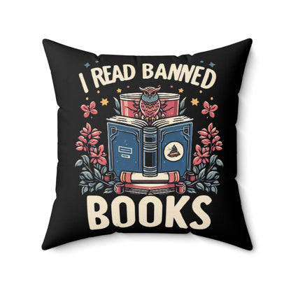 Owl Scholar Reading Among Stars and Florals - I Read Banned Books Themed Illustration - Spun Polyester Square Pillow