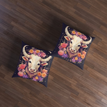 Taurus Zodiac Bull Flower Accents - 占星術のサイン - 房状フロアピロー、スクエア