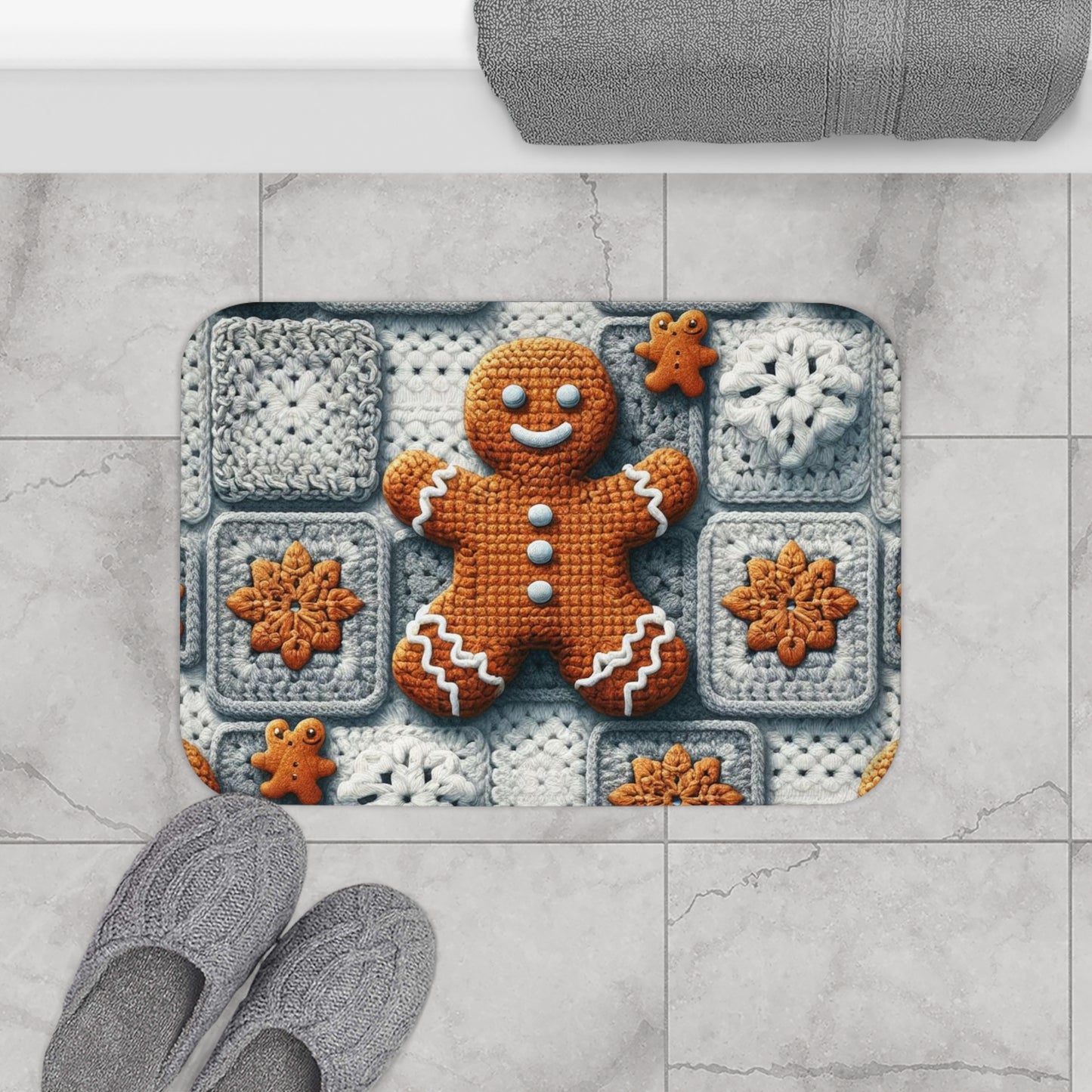 Festive Gingerbread Charm: Christmas Crochet Amigurumi with Granny Squares and Snowflake Accents - Bath Mat