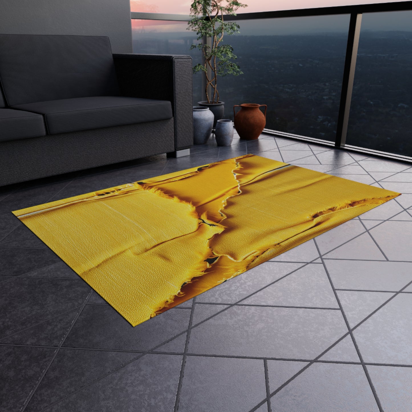 Banana Yellow Lemon: Bold Distressed, Denim-Inspired Fabric - Outdoor Rug