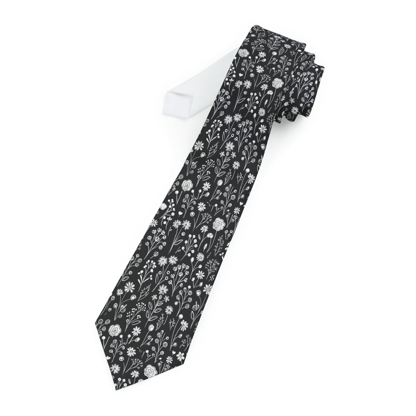 Classic Necktie for Men - Breezy Blooms on Black Ebony