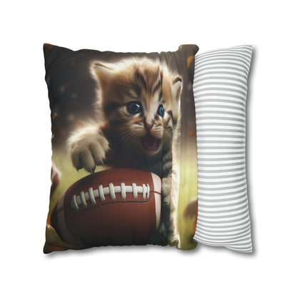 Football Kitten Touchdown: Tabby's Winning Play Sport Game - Spun Polyester Square Pillow Case